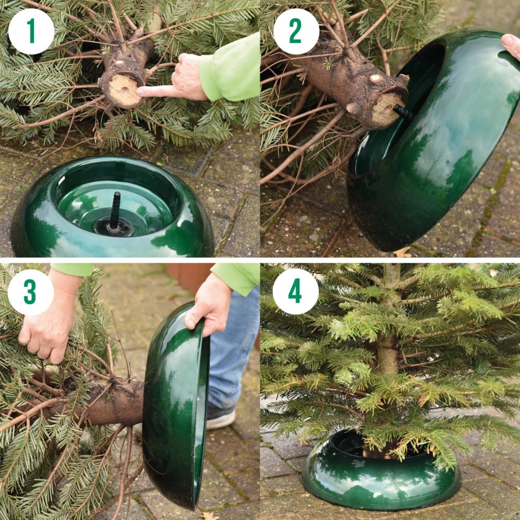 Easyfix in 4 stappen: boorgat in de stam, de standaard op de stam zetten, de boom met standaard rechtop kantelen, en de boom staat recht