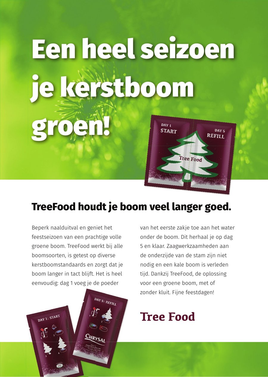Folder van TreeFood: een heel seizoen je kerstboom groen, met zakjes voor dag 1 en dag 5